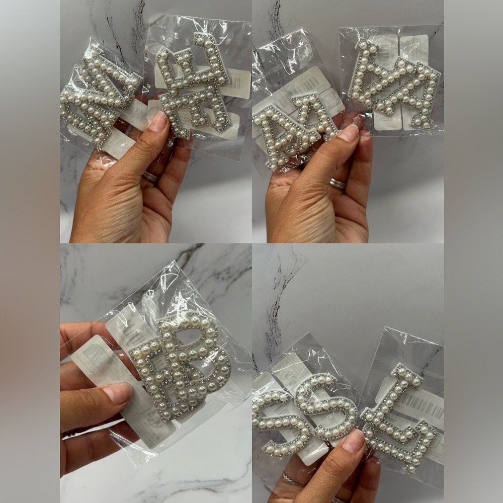 Lot of 7 Faux Pearl Rhinestone Iron-On Letter Patches 2 Pack Glam DIY New
